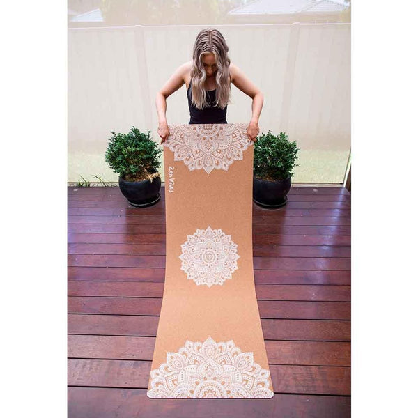 Premium Cork Yoga Mat with Rubber Back | Ornamental Treo Mandala - White | 4.5 mm - Zenvibes